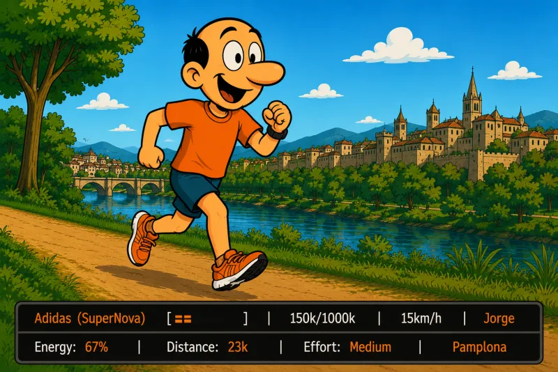 Illustration of Jorge running along a dirt path beside a river with a medieval city in the background, while a status bar at the bottom shows data: model, progress bar, distance 150k/1000k, speed 15km/h, energy 67%, effort Medium and location Pamplona.