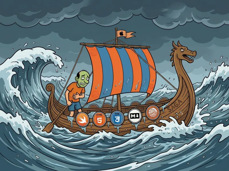 Jorge sailing a Viking ship named Saga through stormy waves, with shields of Swift, HTML5, CSS3, Markdown and Saga on the hull, representing the portfolio migration to a native Swift stack.