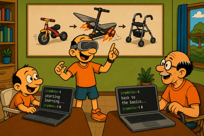 Illustration of three Jorges at a table: the child with a laptop showing 'starting learning...' in the terminal, the adult standing with VR goggles pointing at a wall diagram showing the evolution tricycle → rocket scooter → walker, and the elder with a laptop showing 'back to the basics...' in the terminal.