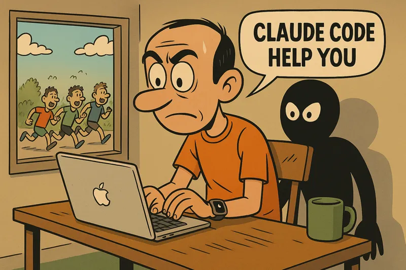 Jorge programming with Claude Code behind as a technological shadow, with 'Claude Code Help You' written in the speech bubble