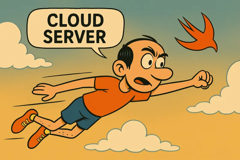 Jorge flying through the clouds and the Swift logo flying alongside, in the speech bubble it says Cloud Server