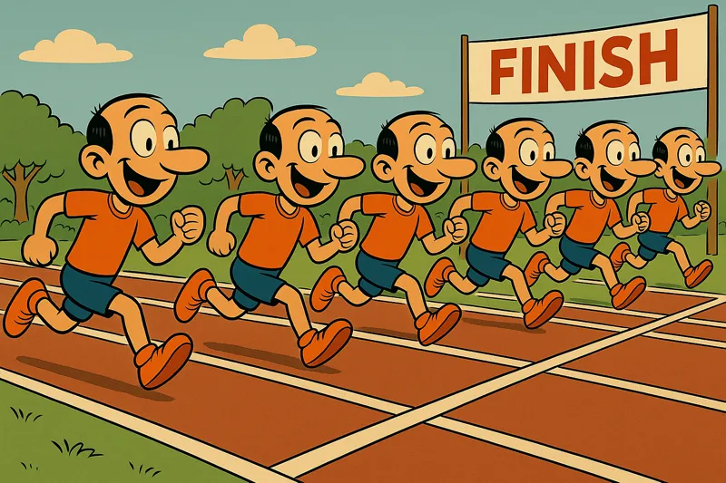 Several Jorges running on parallel tracks and reaching the finish line at the same time.