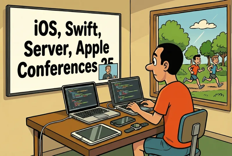 Jorge in front of his screen programming and watching 2025 conferences about iOS, Swift, Server, and Apple on a television in front of him.