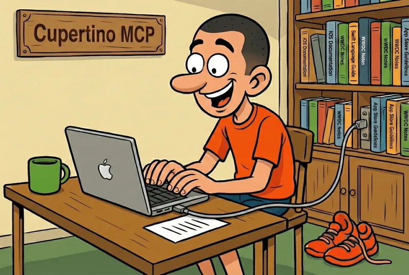 Jorge developing with Cupertino MCP, surrounded by Apple documentation organized and accessible from Claude.