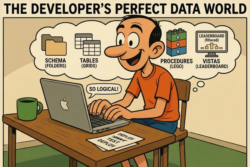 A satisfied developer designing schemas, tables, and views in his structured world, while in the background the typical chaos of administration unfolds: cache misses, infinite query loops, and an overloaded administrator.