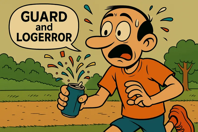 Jorge running while opening a drink that unexpectedly releases confetti. The speech bubble says GUARD and LOGERROR.