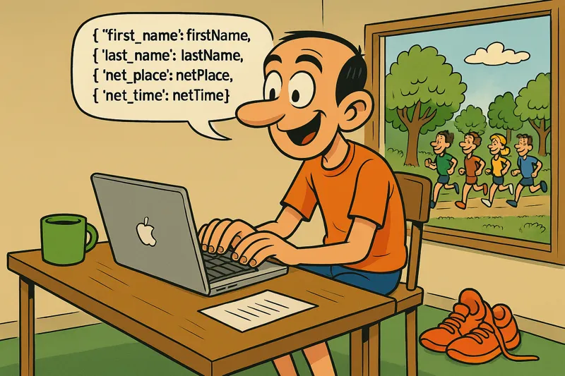 Jorge working on his laptop. In the speech bubble appears a JSON fragment with fields in snake-case and their value in camel-case.