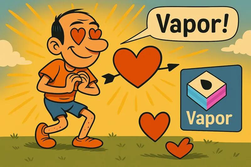 Jorge, upon seeing the Vapor framework logo, falls in love at first sight: heart-shaped eyes and several hearts floating around.