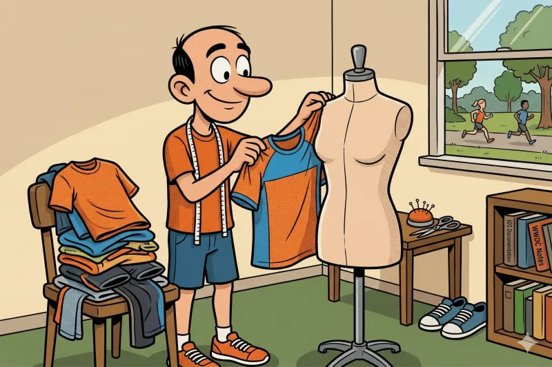 Jorge as a tailor holding a sports jersey in front of a mannequin, with garments stacked on a chair beside him, representing how the pieces of a model (indexes, foreign keys, unique constraints) are assembled to shape the final database structure.