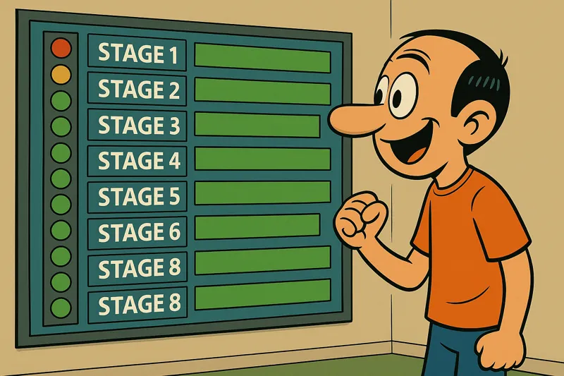 Jorge reviewing a control panel to see which stages have been resolved.