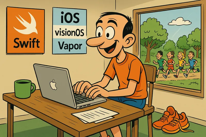 “My first article.” Comic-style illustration of a thoughtful programmer in front of an Apple laptop, writing his first article on his personal website.