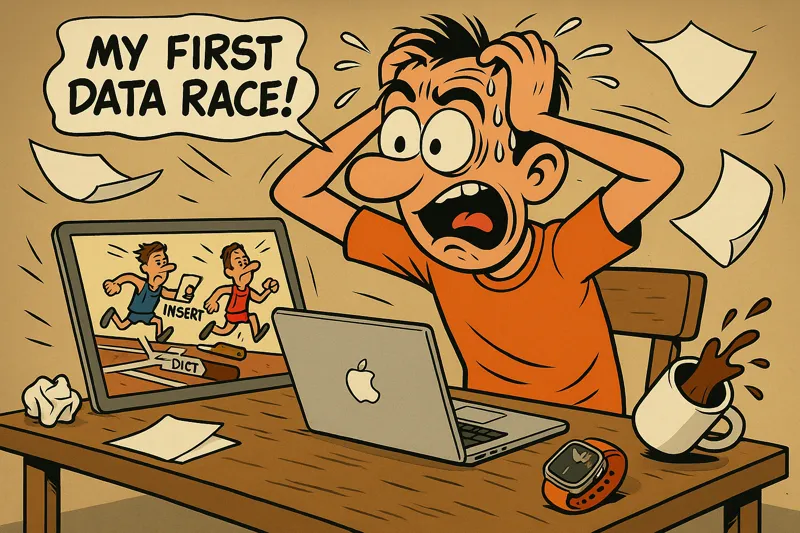 My first data race. A stressed programmer looks at his laptop while suffering, symbolizing the chaos of a concurrency bug in his code.