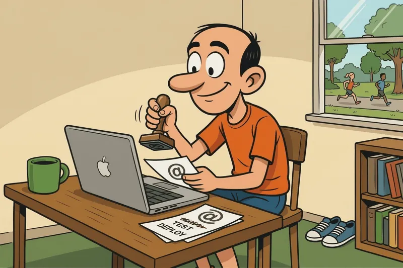 Jorge at his desk next to his MacBook, stamping the @ symbol with a rubber stamp onto documents.