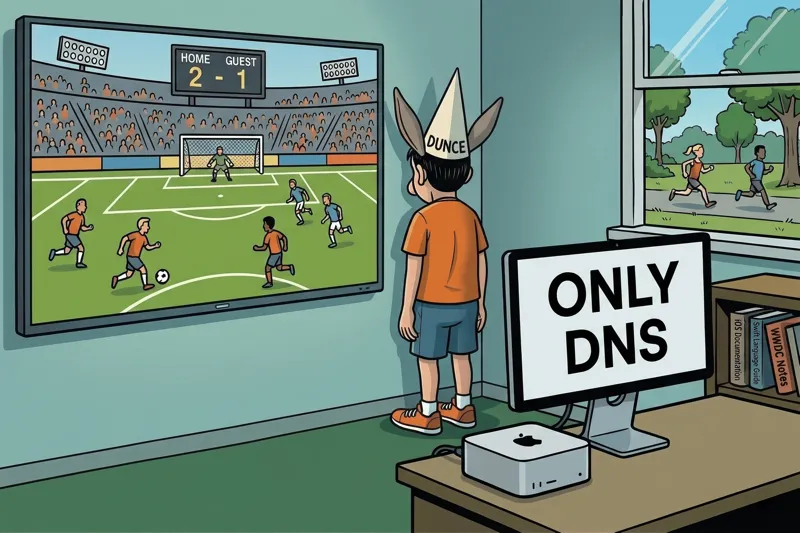Comic-style illustration: Jorge wearing a dunce cap standing in front of a TV showing a football match with a 2-1 scoreline, while to his right a Mac mini with a monitor displays the text 'ONLY DNS' in large letters.