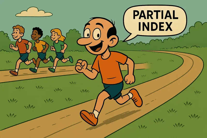 Jorge running in a completely different lane from other runners, with a speech bubble saying Partial Index