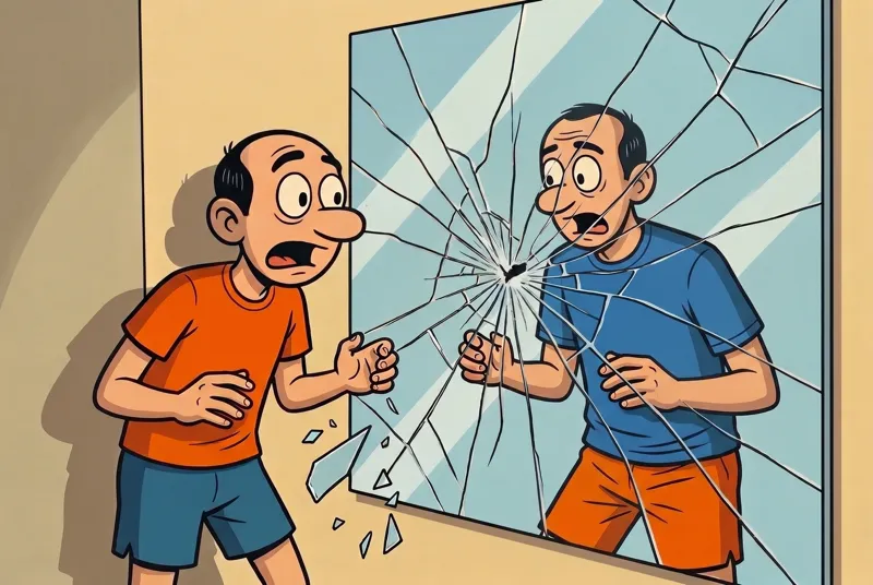 Comic-style illustration. On the left, Jorge in front of a cracked mirror, wearing an orange shirt and blue shorts, with a panicked expression. On the right, his reflection inside the mirror with the colors swapped — blue shirt and orange shorts — also horrified. The mirror has a central impact point with radial cracks and shards of glass falling to the floor. It represents the SIGBUS bug in Swift Testing: when values don't match, the runtime tries to use Mirror to describe the difference and the mirror shatters.