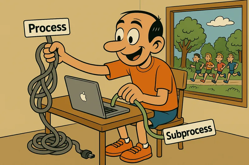 Several Jorges running in a relay race, each one passing a baton shaped like the Swift logo to the next, representing the migration from Process to Subprocess.