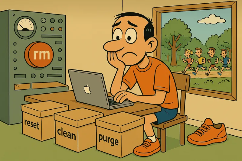 Jorge in front of his Mac, surrounded by boxes labeled clean, reset and purge, next to a retro machine with a large rm button, symbolizing the chaos of cleaning dependencies in Swift Package Manager.