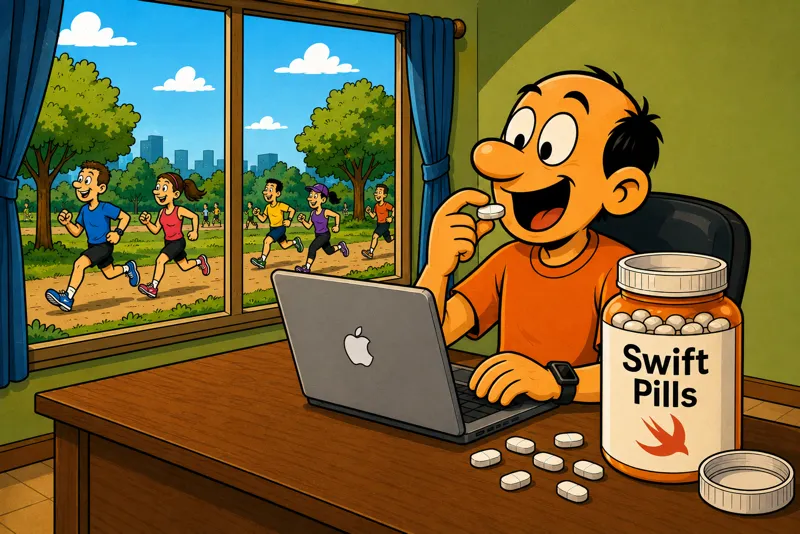 Jorge sitting at his desk in front of his MacBook with the Apple logo, taking a pill from a large bottle labeled Swift Pills with the Swift logo, while through the window runners can be seen in a park with trees and blue sky.