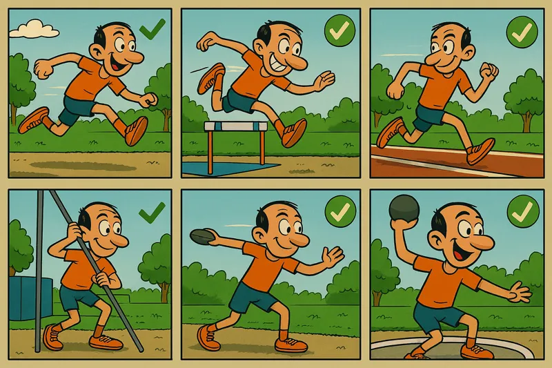 Jorge participating in different Decathlon trials and checking off the completed ones.