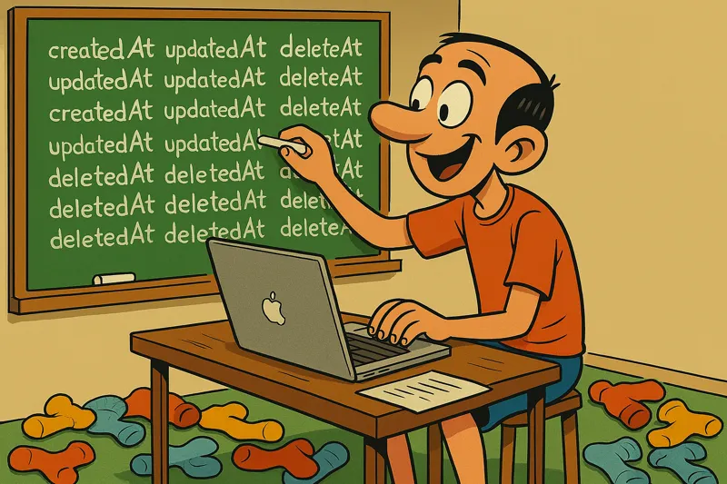 Jorge writing with one hand on a blackboard 1000 times, createdAt, updatedAt and deletedAt. With the other hand meanwhile programming.