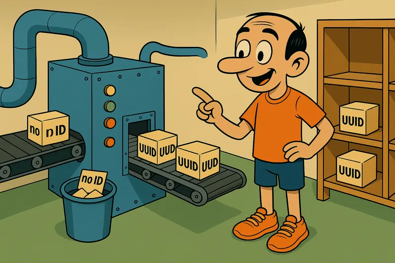 Jorge supervises a sorting machine. A conveyor belt moves boxes: those without an ID fall into a discard bin, while boxes with UUID labels continue and are placed on a shelf.