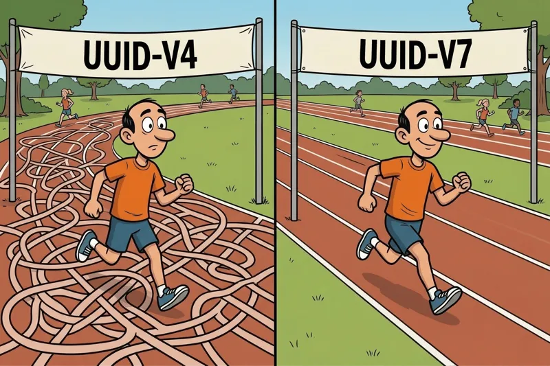 Comic-style comparative illustration: on the left, Jorge with UUID-V4 trapped on a tangled, chaotic track; on the right, Jorge with UUID-V7 advancing along a tidy, straight athletics track.