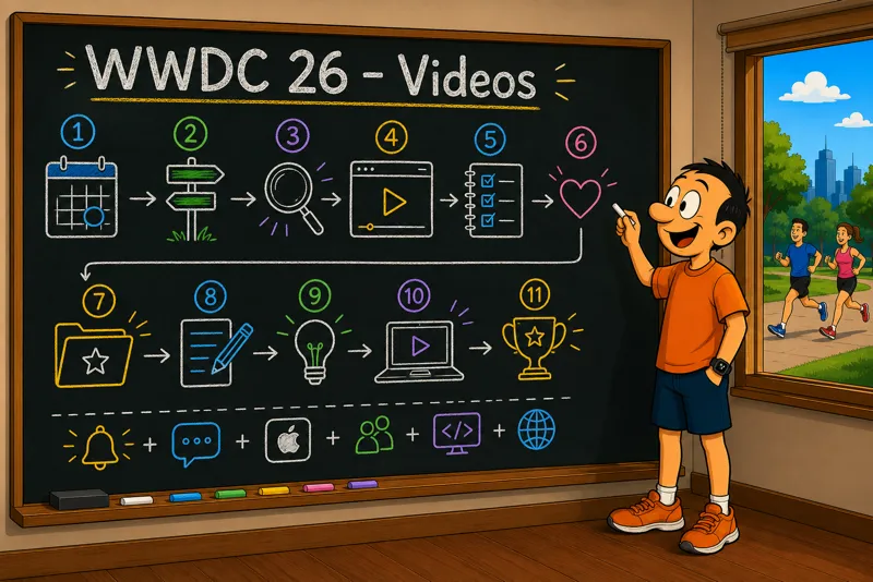 Jorge standing in front of a blackboard writing "WWDC 26 - Videos" with a numbered sequence of icons representing an eleven-step flow connected by arrows, while through the window a park with runners and a blue sky is visible.