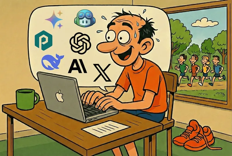 Jorge in front of his screen programming with a speech bubble full of different AI icons, going crazy trying to decide which one to use.