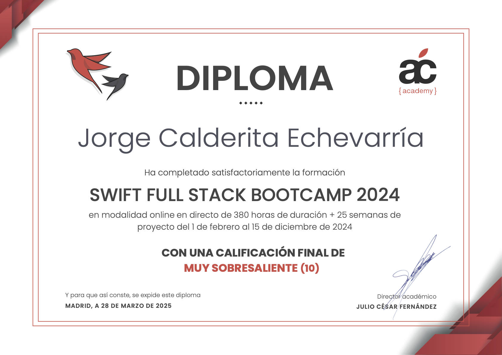 Certificate, 380 hours, project grade 10.